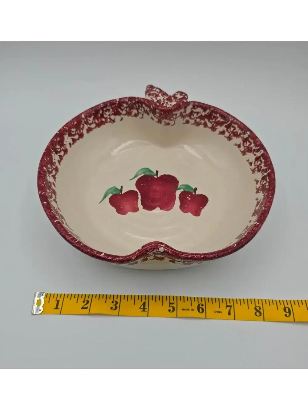 Vintage Washington Apple Pottery Apple Shape Dish w/Recipe Bottom Red Spongeware